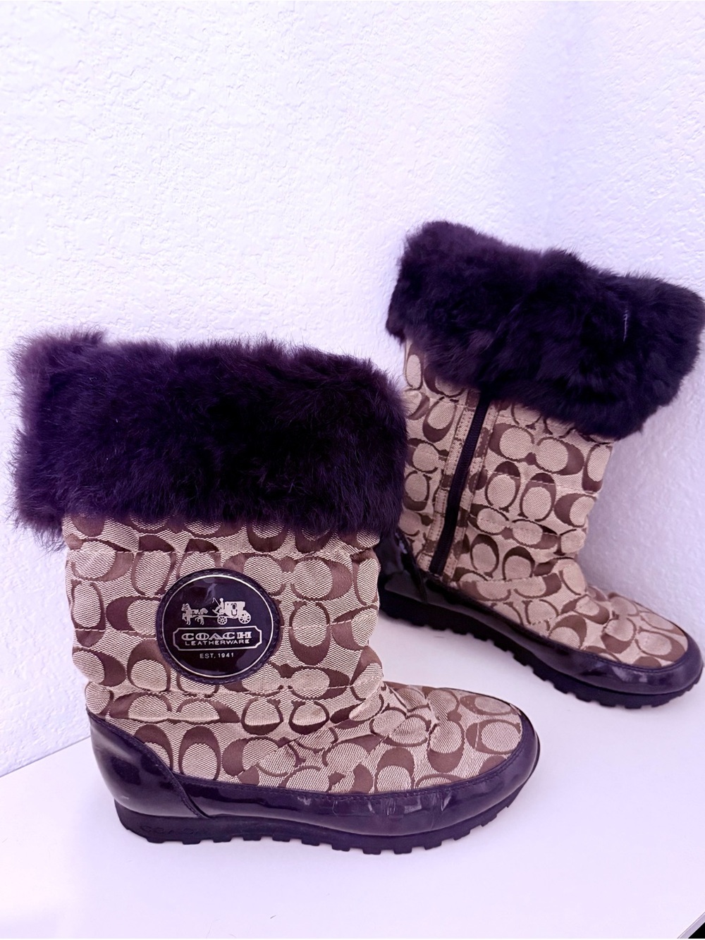 Coach Joyous Tan Signature Canvas Winter Boots with Dark Brown Faux Fur Cuff